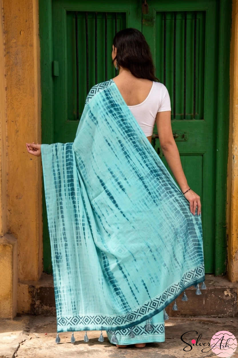 Handblock Printed DHARA MULCOTTON Firozi Blue Saree with Blouse Piece