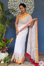 Handblock Printed KASHVI MULCOTTON White Saree with Blouse Piece