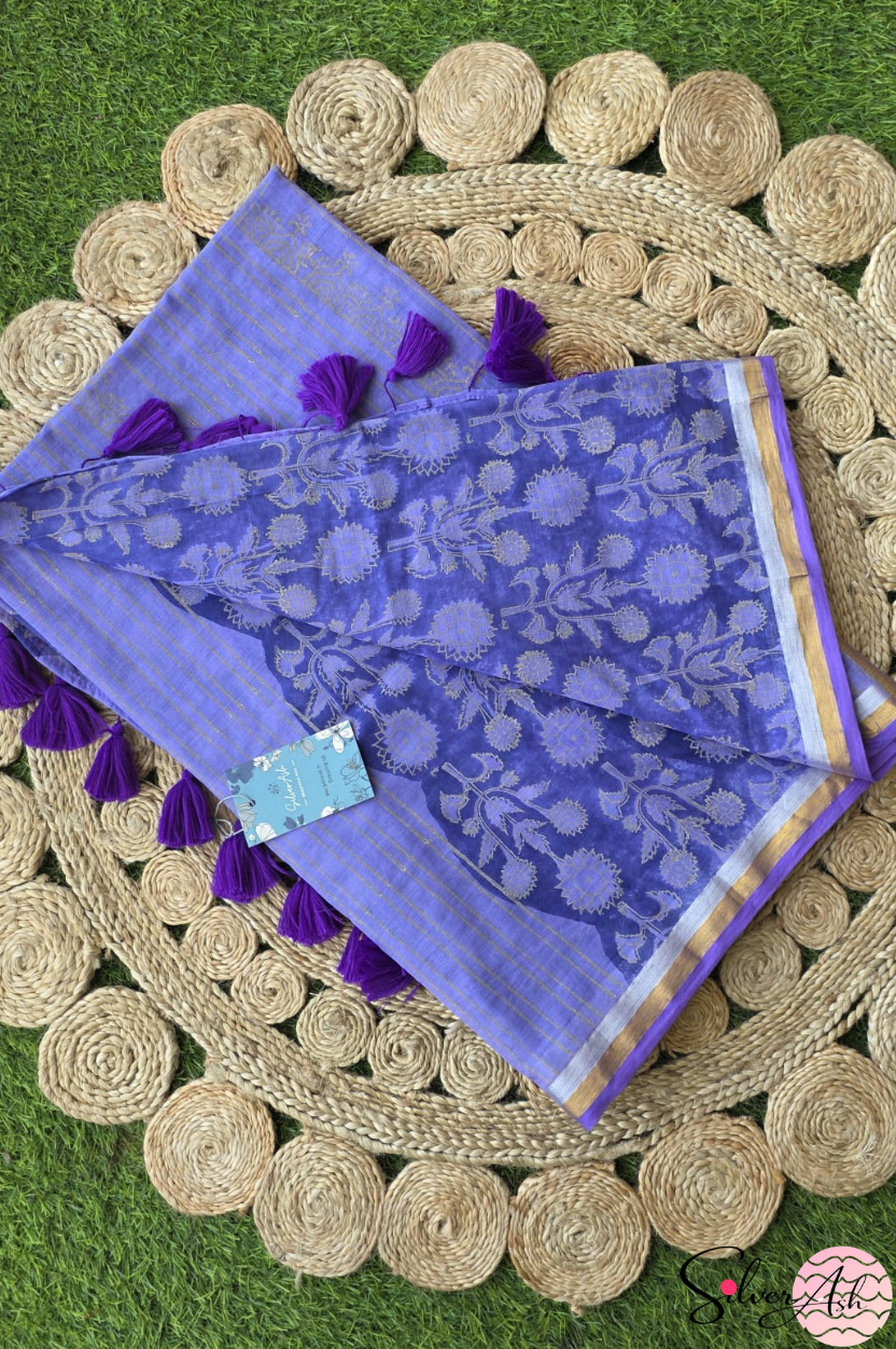 Handblock Printed ALBELI MULCOTTON Lilac Saree with Blouse Piece