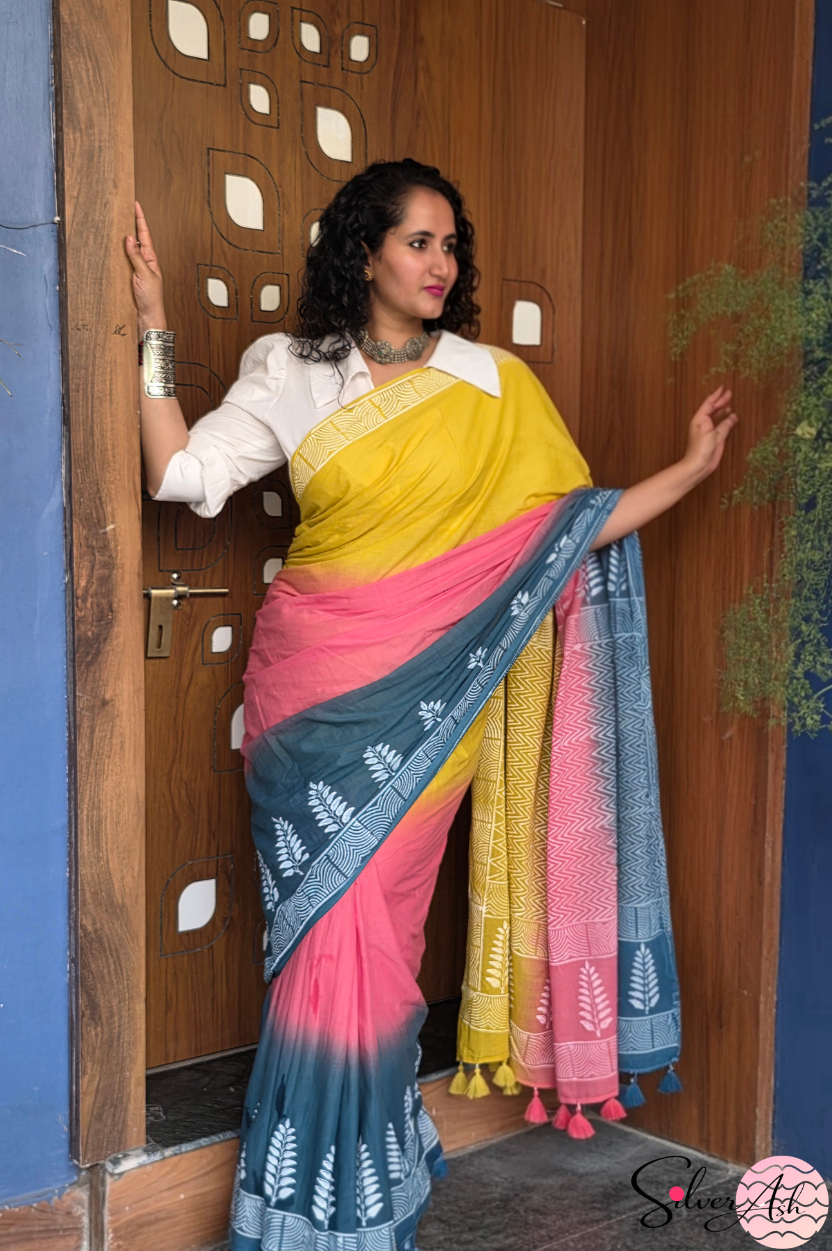 Handblock Printed TRIYA MULCOTTON Peach Saree with Blouse Piece