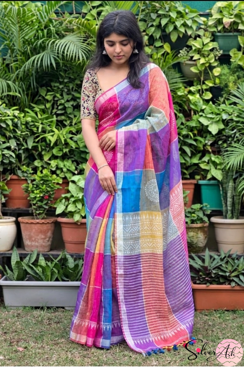 Handblock Printed RANG DE MOHE LINEN BLUE-PURPLE Saree with Blouse Piece