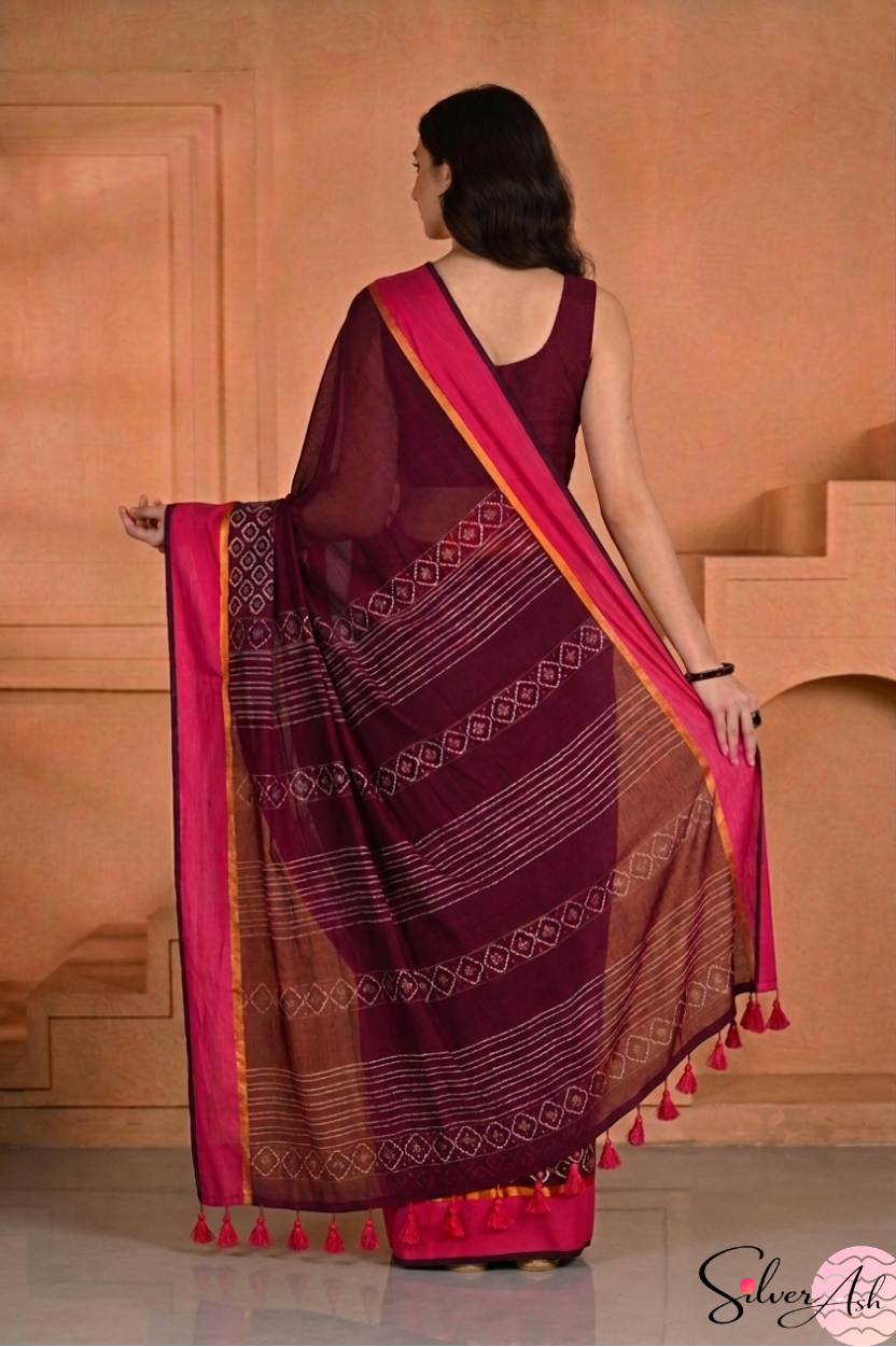 Handblock Printed KASHVI MULCOTTON Wine Saree with Blouse Piece