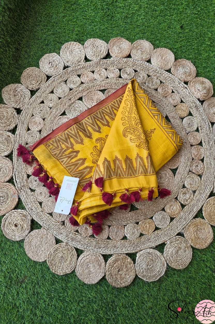 Handblock Printed RAAS Tissue Yellow Saree with Blouse Piece