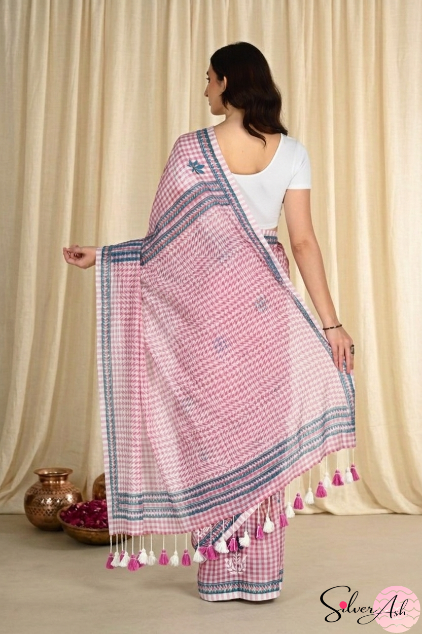 Handblock Printed CHAKOR MULCOTTON Pink Saree