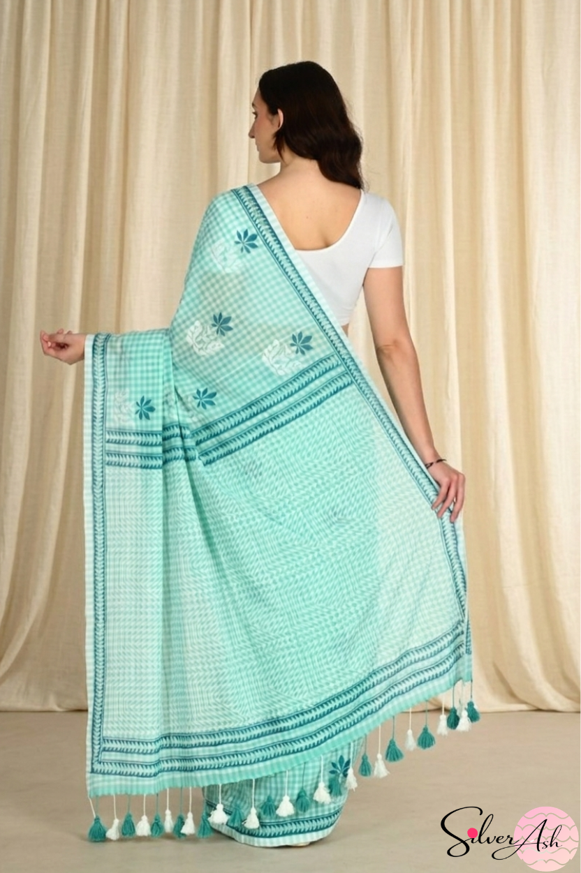 Handblock Printed CHAKOR MULCOTTON Green Saree