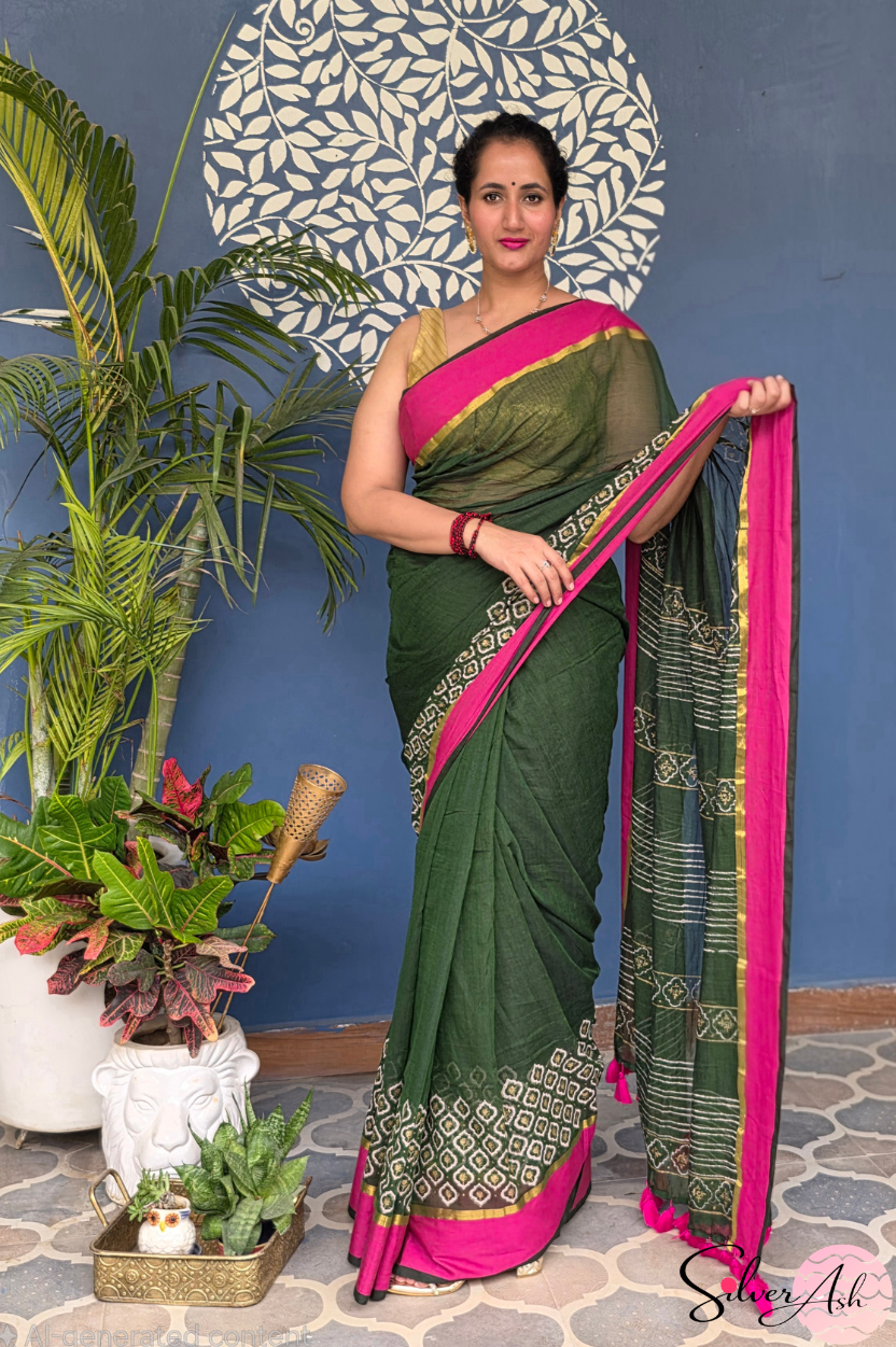 Handblock Printed KASHVI MULCOTTON Green Saree with Blouse Piece