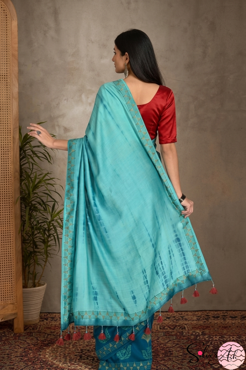 Handblock Printed MAYA MEMSAAB MUSLIN SILK Teal Blue Saree with Blouse Piece