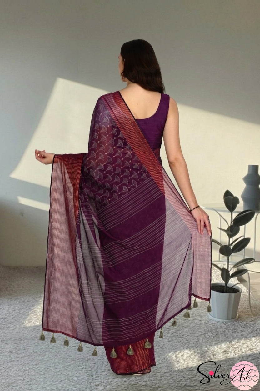 Handblock Printed DIVA MULCOTTON Wine Saree with Blouse Piece