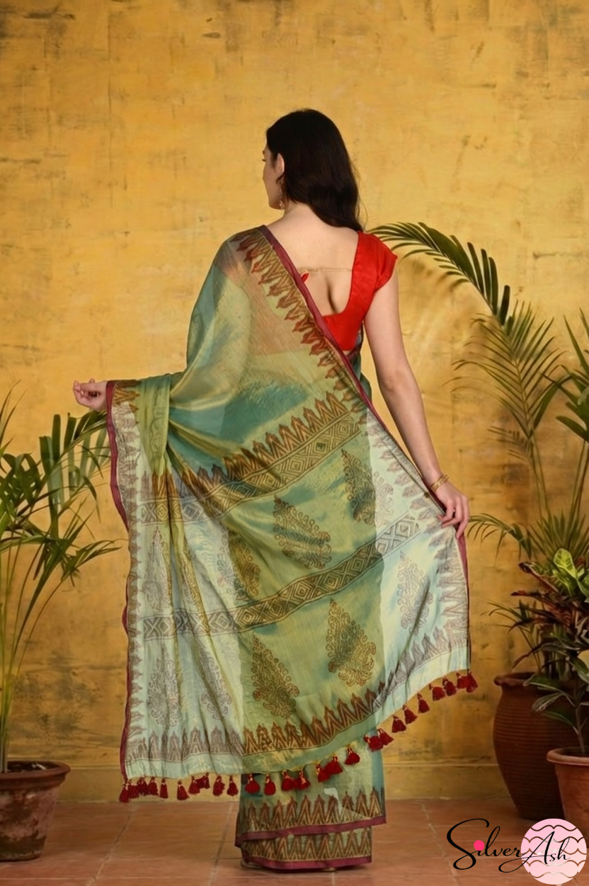 Handblock Printed RAAS Tissue Green Saree with Blouse Piece