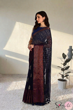 Handblock Printed DIVA MULCOTTON Blue Saree with Blouse Piece