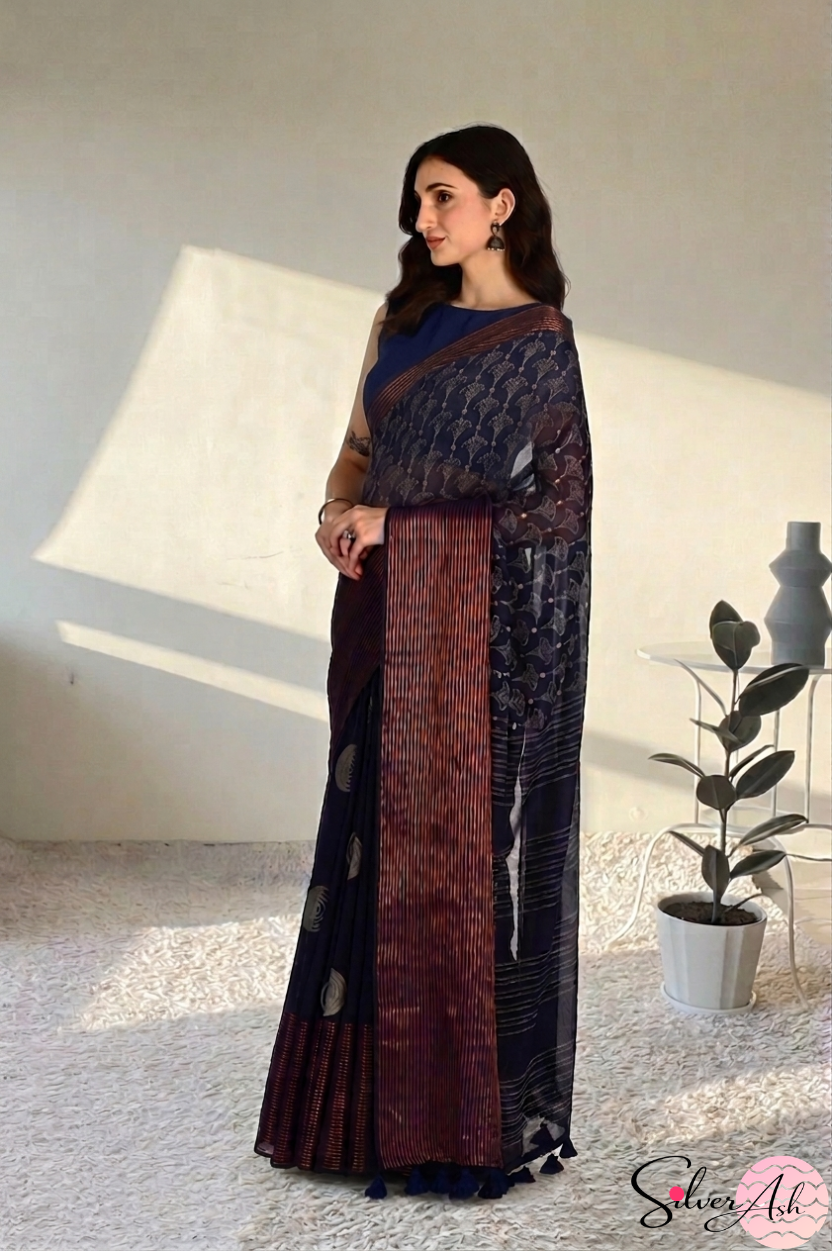 Handblock Printed DIVA MULCOTTON Blue Saree with Blouse Piece