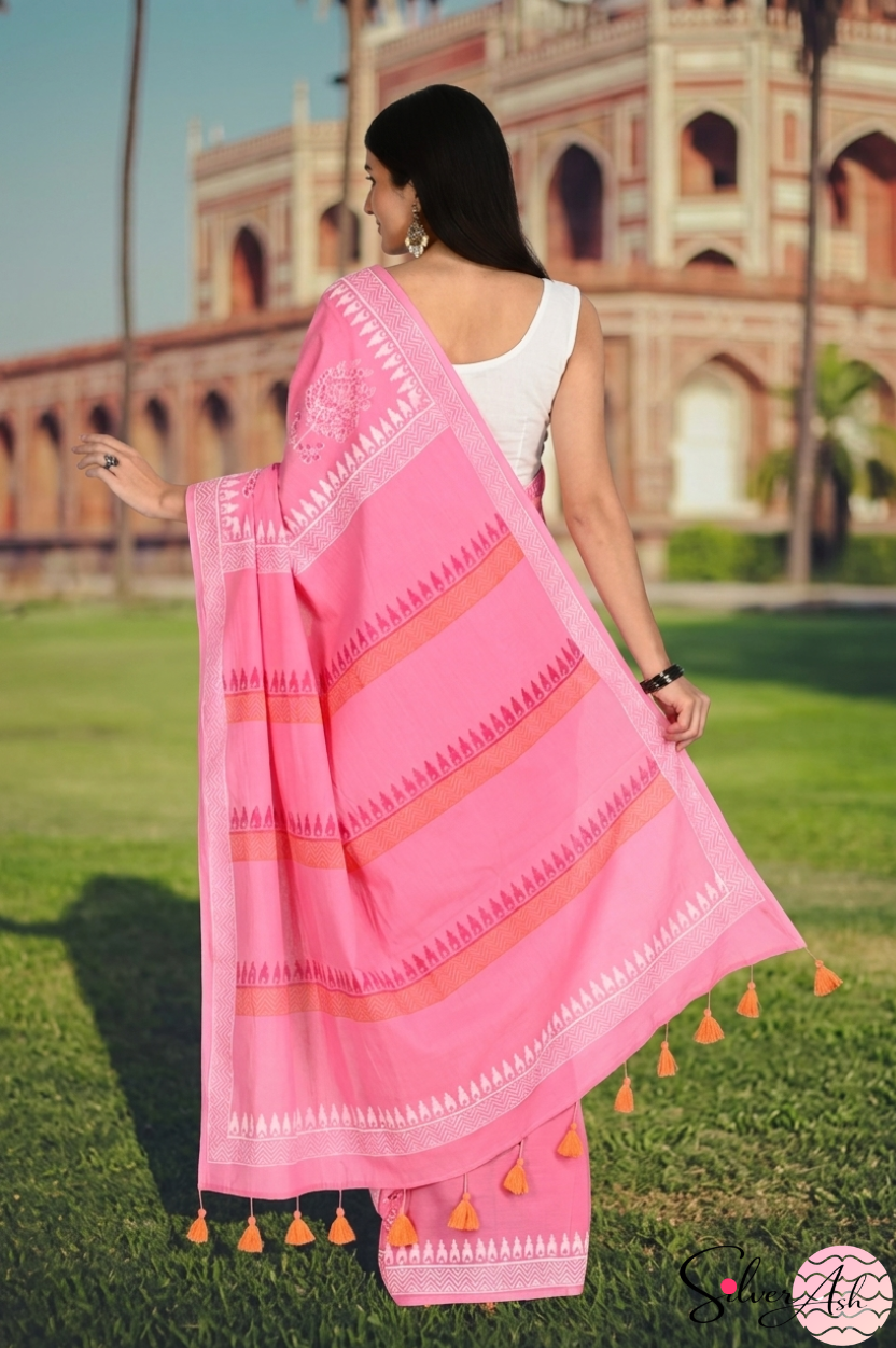 Handblock Printed DIL SE MULCOTTON Pink Orange Saree with Blouse Piece