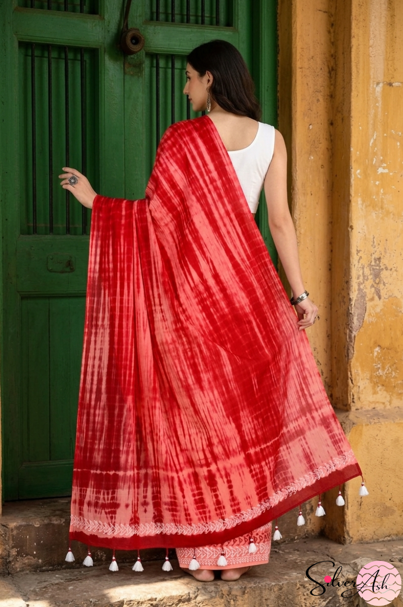 Handblock Printed DHARA MULCOTTON Peach Red Saree with Blouse Piece