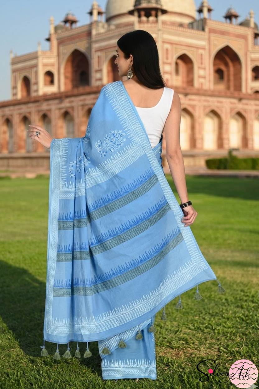 Handblock Printed DIL SE MULCOTTON Blue Green Saree with Blouse Piece