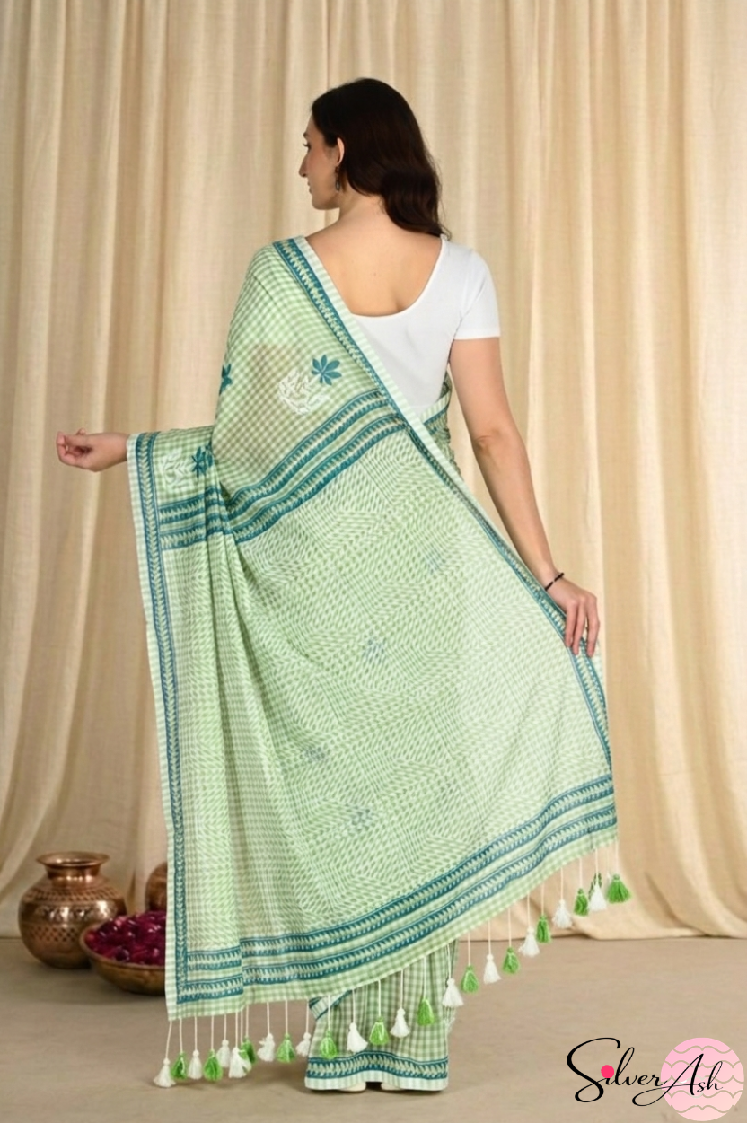 Handblock Printed CHAKOR MULCOTTON Green Light Saree
