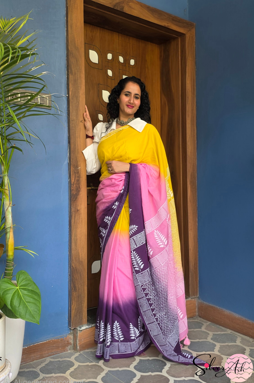 Handblock Printed TRIYA MULCOTTON Purple Saree with Blouse Piece