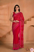 Handblock Printed KASHVI MULCOTTON Pink Saree with Blouse Piece