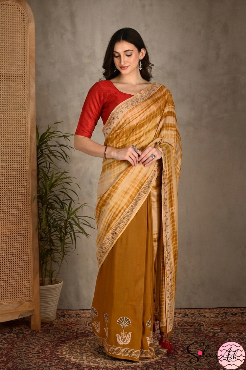 Handblock Printed MAYA MEMSAAB MUSLIN SILK Mustard Saree with Blouse Piece