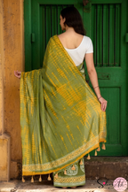 Handblock Printed DHARA MULCOTTON Green Yellow Saree with Blouse Piece