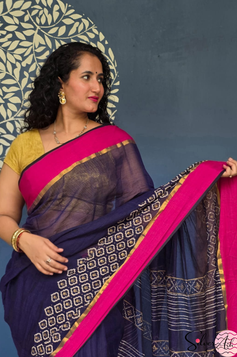 Handblock Printed KASHVI MULCOTTON Blue Saree with Blouse Piece