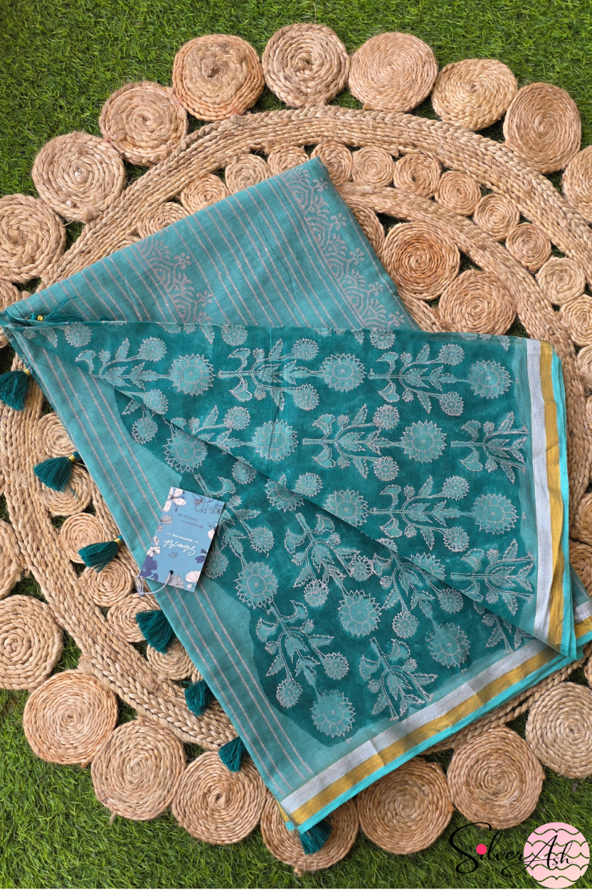 Handblock Printed ALBELI MULCOTTON Green Saree with Blouse Piece