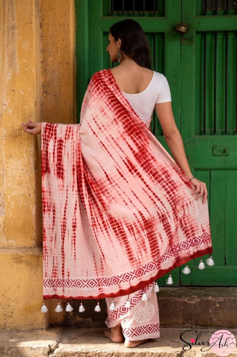 Handblock Printed DHARA MULCOTTON Pink Maroon Saree with Blouse Piece