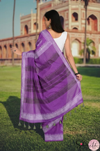 Handblock Printed DIL SE MULCOTTON Purple Green Saree with Blouse Piece