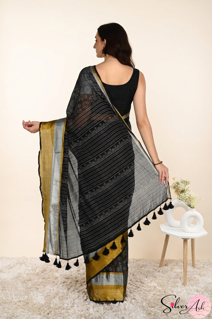 Handblock Printed ALBELI MULCOTTON Black Saree with Blouse Piece