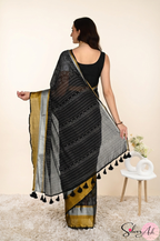 Handblock Printed ALBELI MULCOTTON Black Saree with Blouse Piece