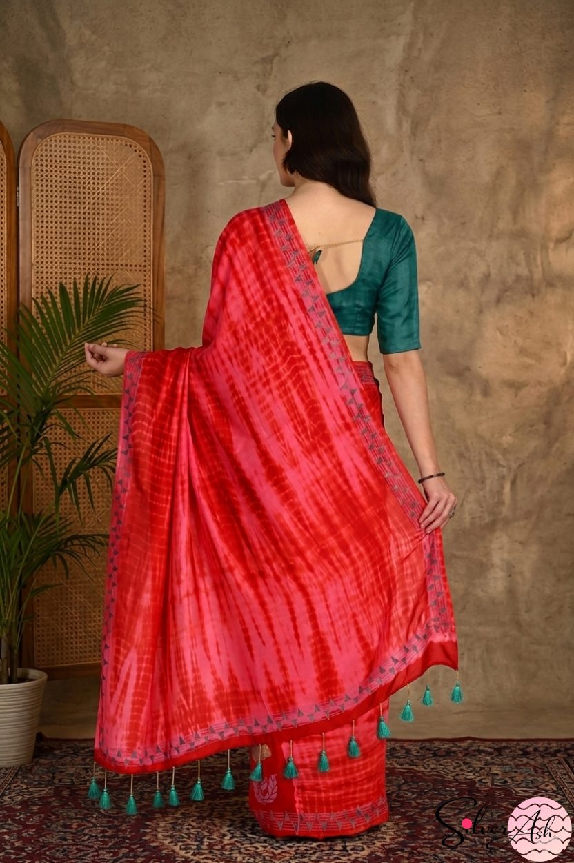 Handblock Printed MAYA MEMSAAB MUSLIN SILK Red Saree with Blouse Piece
