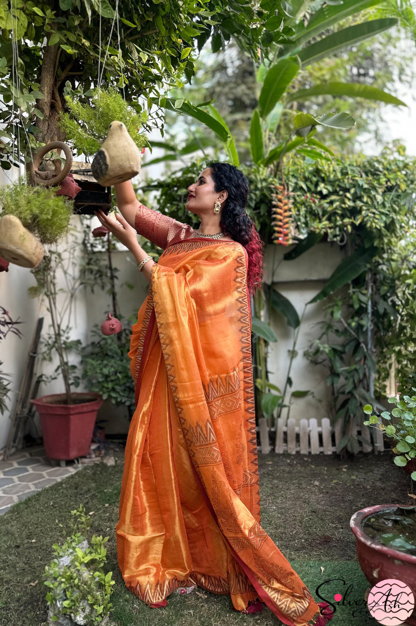 Handblock Printed RAAS Tissue Orange Saree with Blouse Piece
