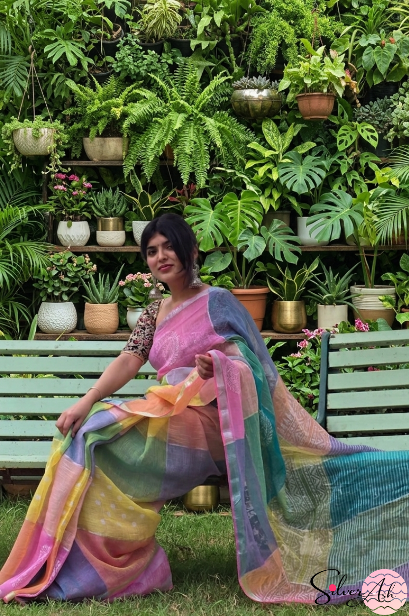 Handblock Printed RANG DE MOHE LINEN GREEN-PINK Saree with Blouse Piece