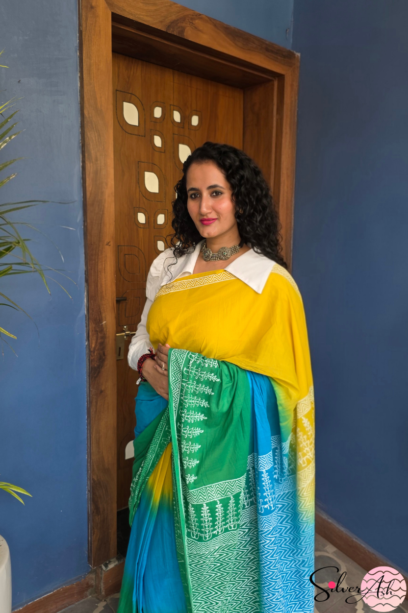 Handblock Printed TRIYA MULCOTTON Blue Saree with Blouse Piece