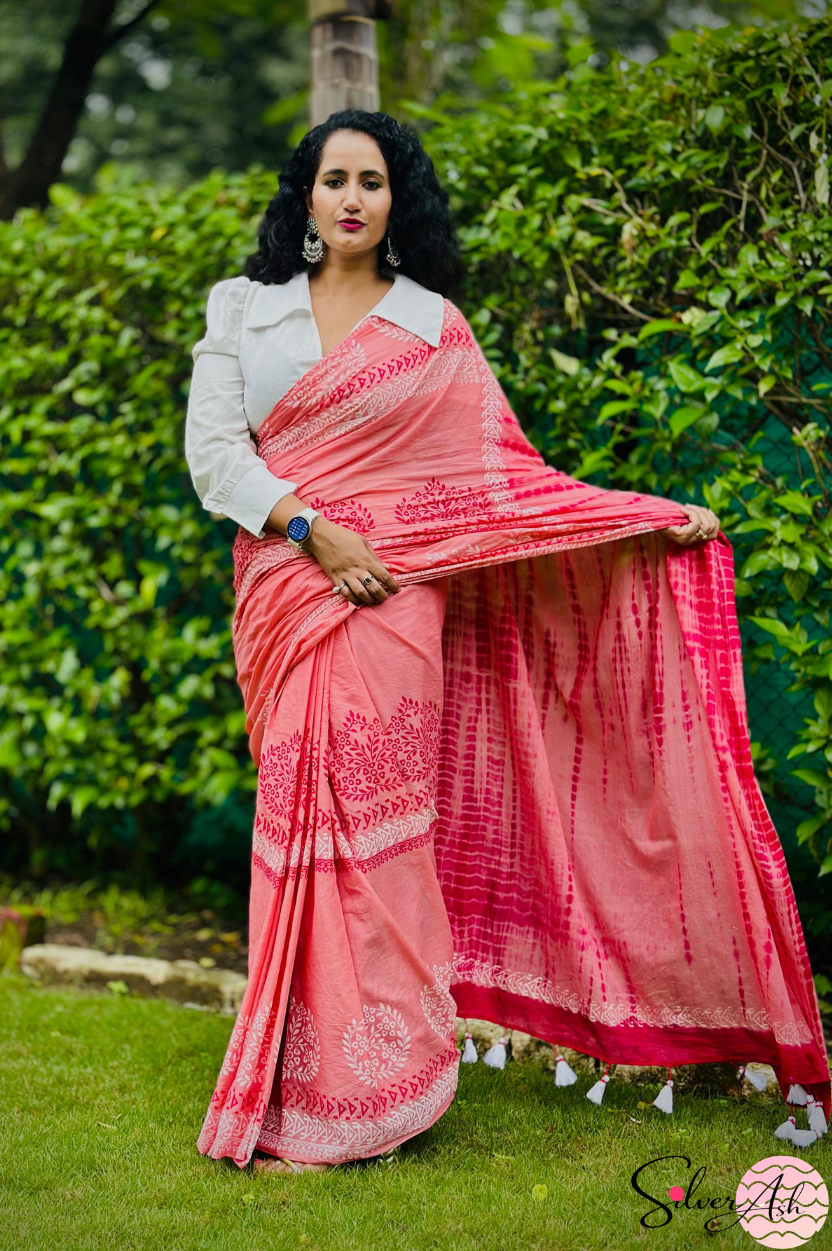 Handblock Printed DHARA MULCOTTON Peach Red Saree with Blouse Piece