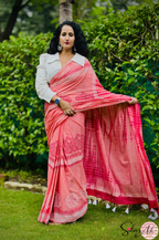 Handblock Printed DHARA MULCOTTON Peach Red Saree with Blouse Piece