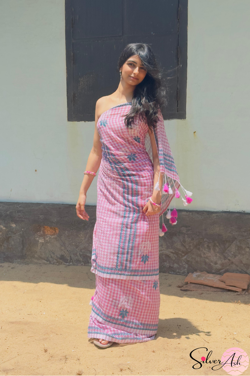 Handblock Printed CHAKOR MULCOTTON Pink Saree