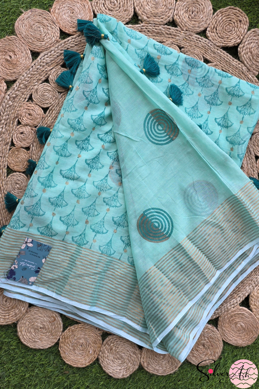 Handblock Printed DIVA MULCOTTON Green Saree with Blouse Piece