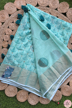 Handblock Printed DIVA MULCOTTON Green Saree with Blouse Piece