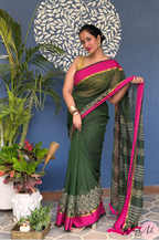 Handblock Printed KASHVI MULCOTTON Green Saree with Blouse Piece