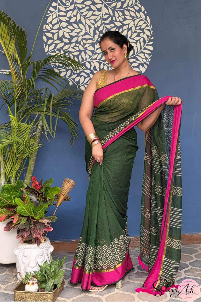 Handblock Printed KASHVI MULCOTTON Green Saree with Blouse Piece
