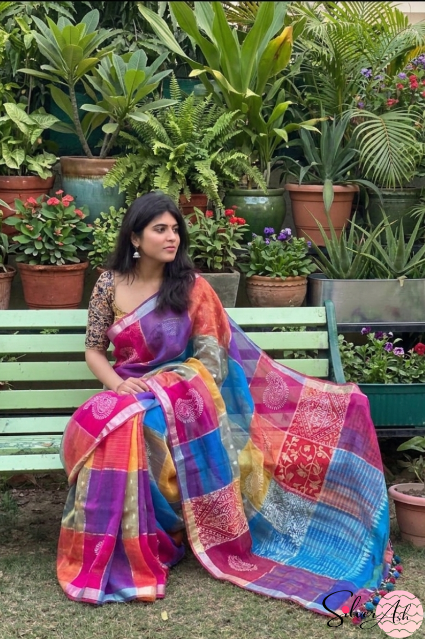 Handblock Printed RANG DE MOHE LINEN BLUE-PURPLE Saree with Blouse Piece
