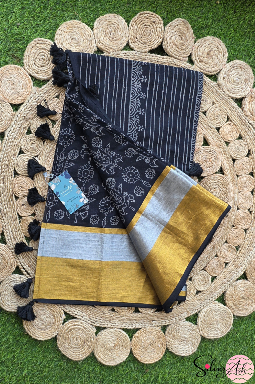 Handblock Printed ALBELI MULCOTTON Black Saree with Blouse Piece