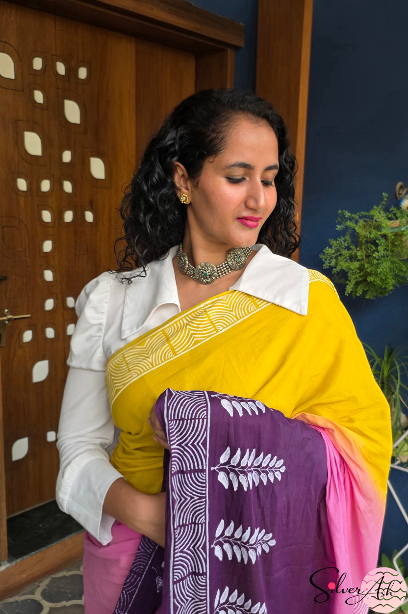 Handblock Printed TRIYA MULCOTTON Purple Saree with Blouse Piece