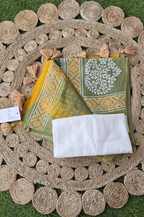 Handblock Printed DHARA MULCOTTON Green Yellow Saree with Blouse Piece