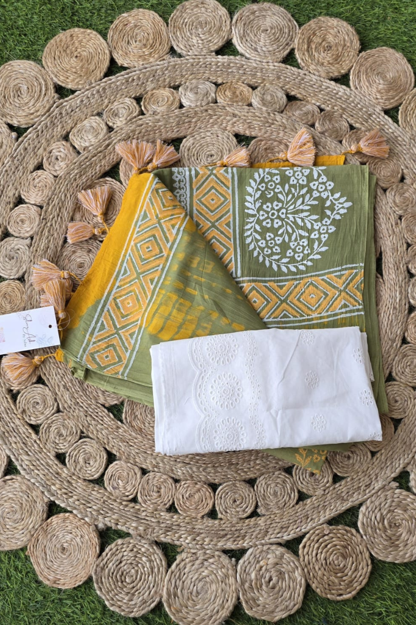 Handblock Printed DHARA MULCOTTON Green Yellow Saree with Blouse Piece