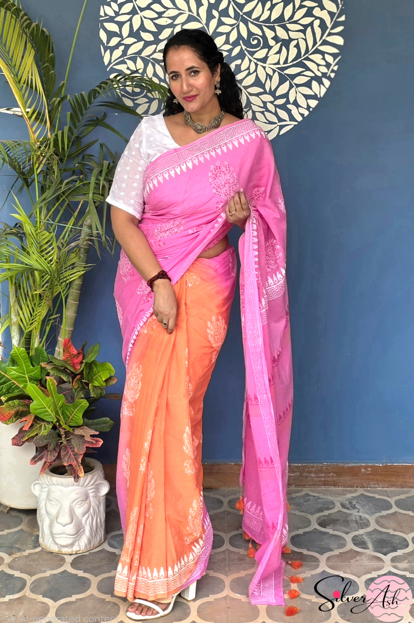 Handblock Printed DIL SE MULCOTTON Pink Orange Saree with Blouse Piece