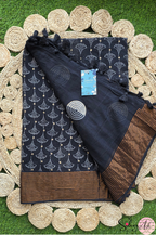 Handblock Printed DIVA MULCOTTON Black Saree with Blouse Piece
