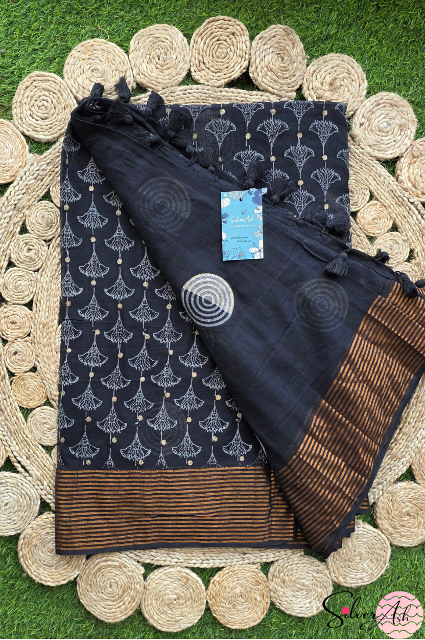 Handblock Printed DIVA MULCOTTON Black Saree with Blouse Piece