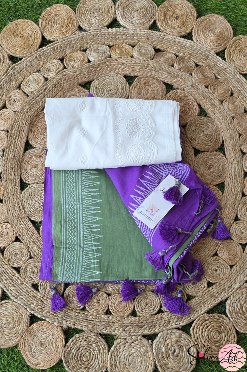 Handblock Printed DIL SE MULCOTTON Purple Green Saree with Blouse Piece
