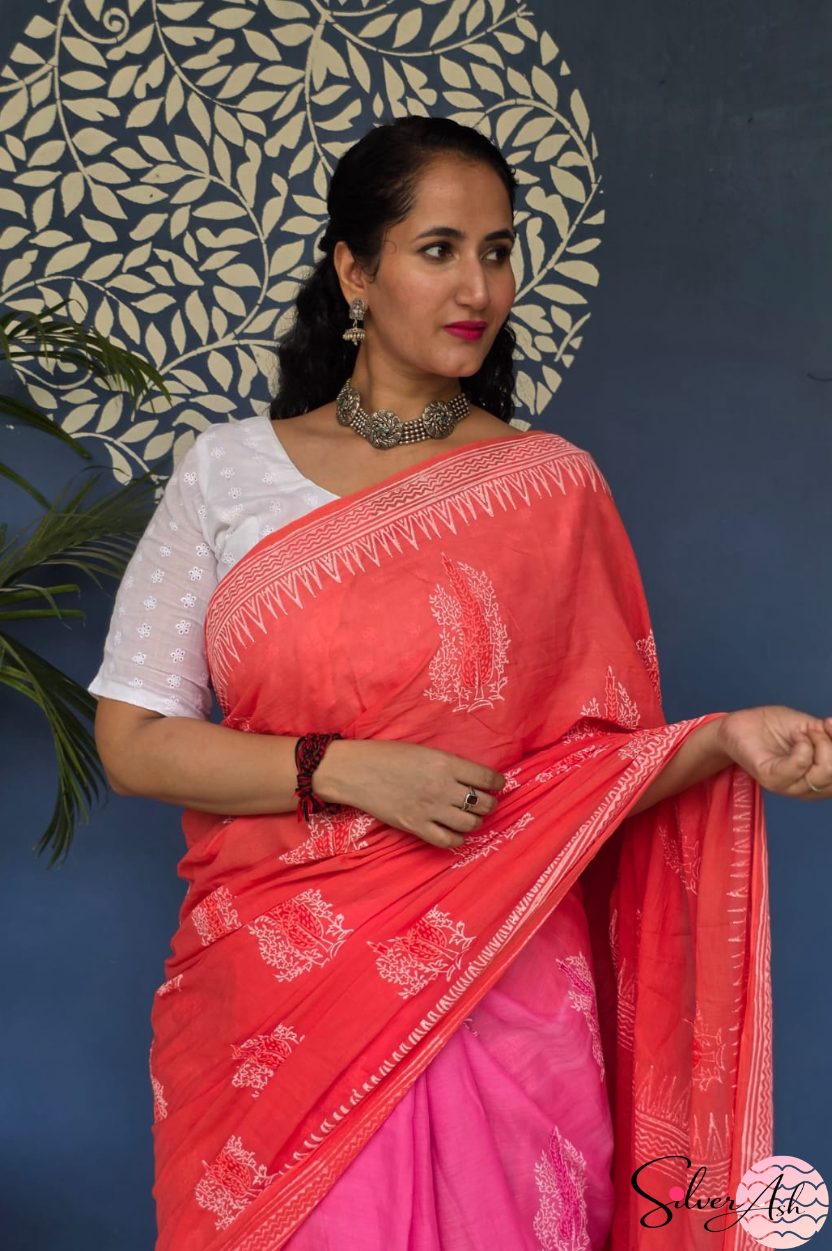 Handblock Printed DIL SE MULCOTTON Peach Pink Saree with Blouse Piece